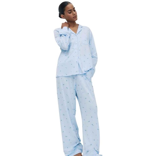 M&S Womens M&S Cotton Modal Printed Revere Pyjama Set, Medium, Blue Mix