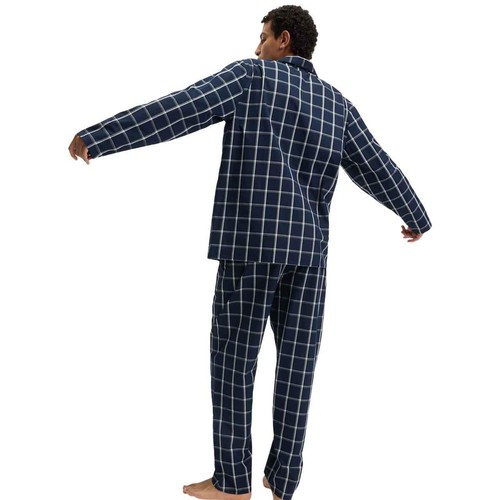M&S Mens Pure Cotton Checked Pyjama Set M Navy