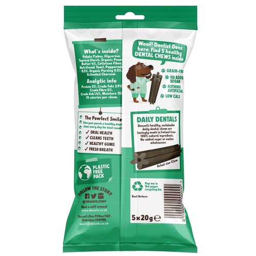 Denzel's Daily Dentals For Medium Dogs Peanut Butter, Peppermint & Parsley