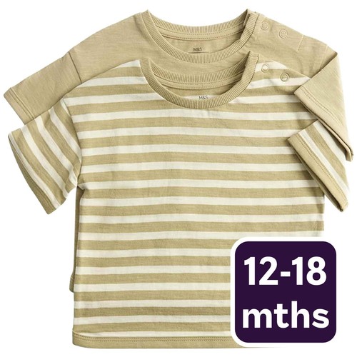M&S Boys 2 Pack Cotton Stripe T-Shirts, 12-18 Months, Khaki