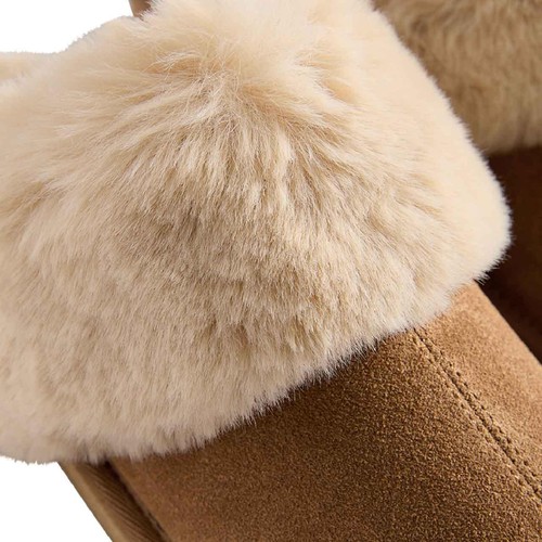 M&S Suede Faux Fur Trim Mule Slipper, Size 6, Chestnut