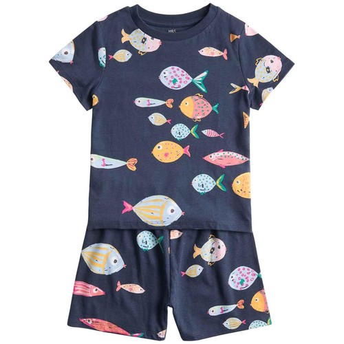 M&S Girls Pure Cotton Fish Pyjamas, 3-4 Years, Blue
