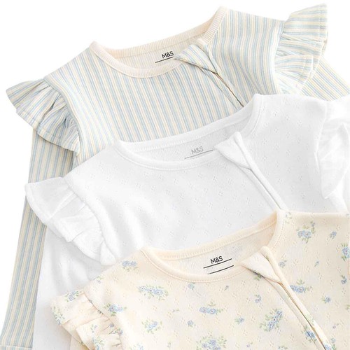 M&S Girls Cotton Rich Sleepsuits, 9-12 Months, Blue