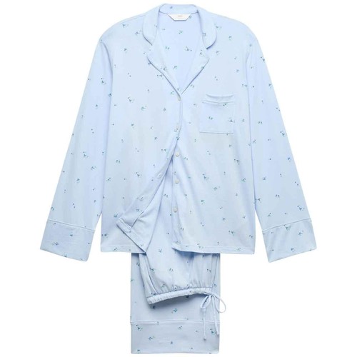 M&S Womens M&S Cotton Modal Printed Revere Pyjama Set, Medium, Blue Mix