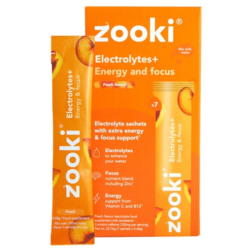 Zooki Electrolytes+ Energy & Focus, Peach Flavour
