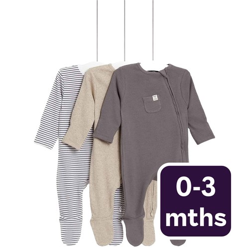 M&S Collection Girls, Cotton Striped & Plain Sleepsuits, 0-3 Months, Grey
