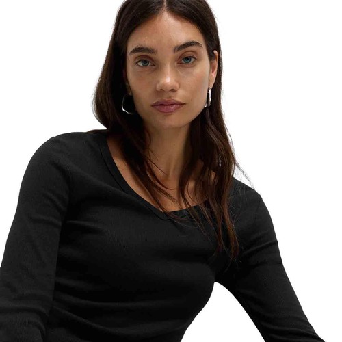 M&S Womens Cotton Rich Ribbed Plain V-Neck Slim Fit Top, 18, Black