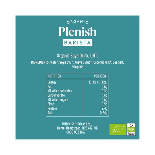 Plenish Organic Soya Barista Milk Long Life
