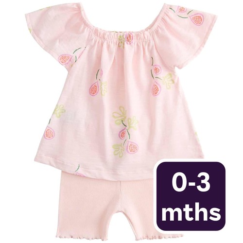 M&S Cotton Jersey Fruit Print Top and Shorts, 0-3 Months, Pink