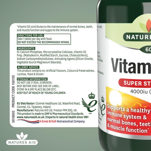 Natures Aid Super Strength Vitamin D3 Tablets 4000iu 