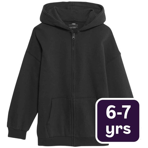 M&S Unisex Cotton Rich Plain Hoodie, 6-7 Years, Black