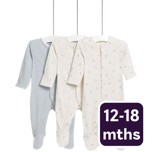 M&S Dog Popper Footed Sleepsuit, 3 Pack, 12-18 Months, Blue