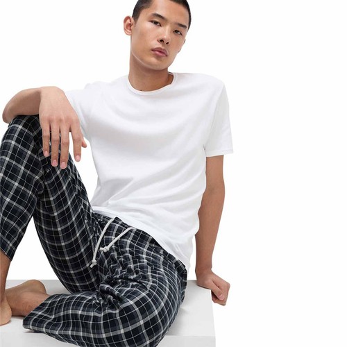 M&S Mens Pure Cotton Checked Loungewear Bottoms 2XL Navy
