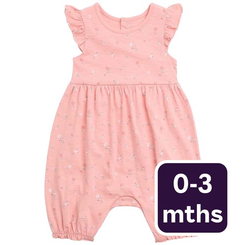M&S Cotton Floral Romper, 0-3 Months, Pink