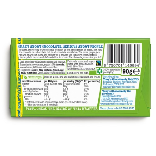 Tony's Chocolonely Dark Almond Sea Salt Small Snack Bar