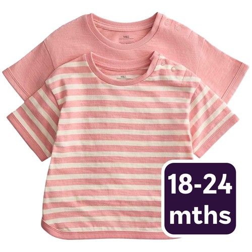 M&S Girls Pure Cotton Patterned Tops, 18-24 Months, Pink Mix