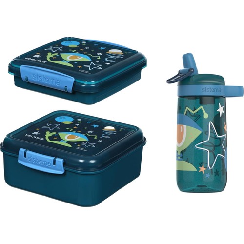 Sistema 3 Piece Bento Lunch Box and Water Bottle Set Blue