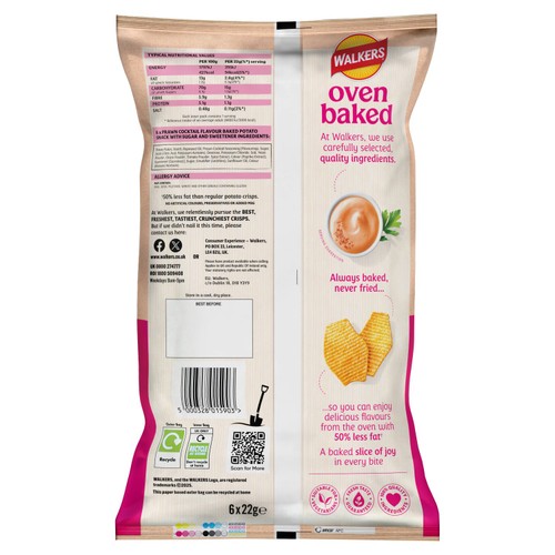 Walkers Baked Prawn Cocktail Snacks Crisps 6 x 22g
