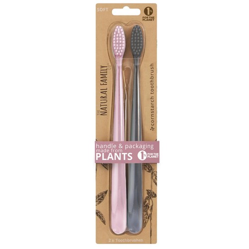 Natural Family Co Twin Pack Adult Manual Toothbrushes (Assorted Colours)