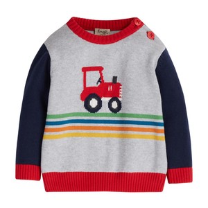 Frugi GOTS Organic Knitted Jumper, Grey Marl/Rainbow Tractor, 3-6 months