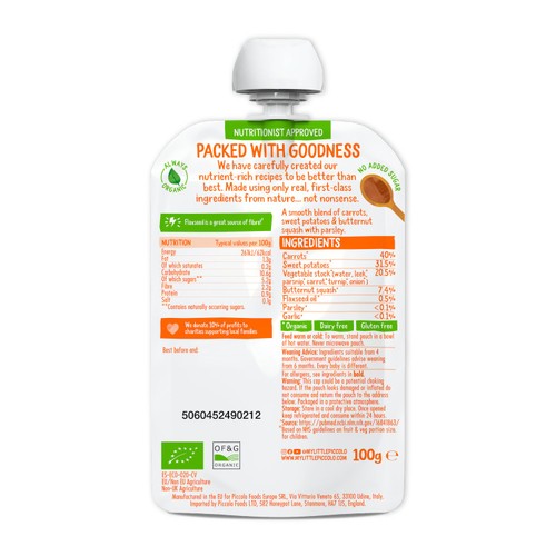 Piccolo Carrot, Sweet Potato & Butternut Squash Baby Food Pouch 4+ Months
