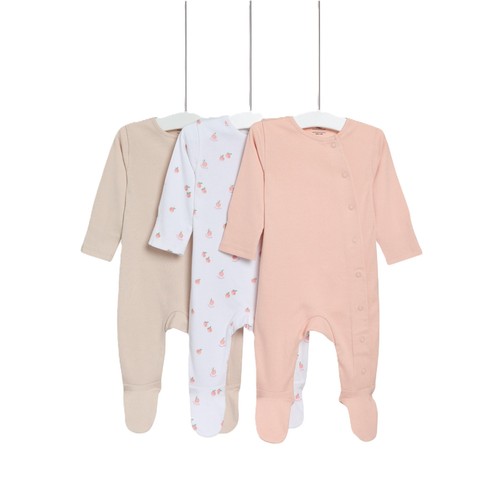 M&S Girls 3pk Pure Cotton Peach Sleepsuits, 6-9 Months, Peach Mix