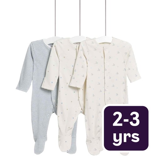 M&S Dog Popper Footed Sleepsuit, 3 Pack, 2-3 Years, Blue
