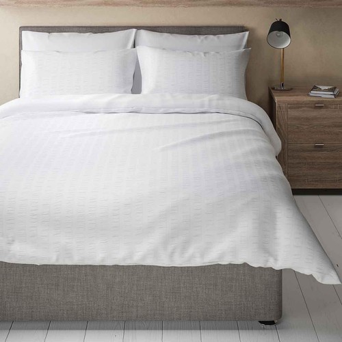 M&S Pure Cotton Striped Seersucker Bedding Set, Double, White
