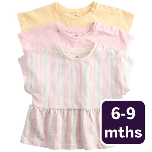 M&S Girls Pure Cotton Patterned Tops, 6-9 Months, Multi