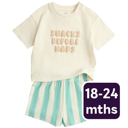 M&S Boys Pure Cotton Slogan Top & Bottom Outfit, 18-24 Months, Multi