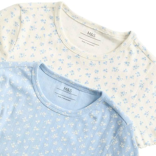 M&S Girls Floral Pointelle Pyjama Sets, 7-8 Years, Blue Mix