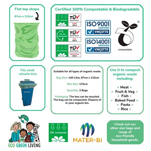 Eco Green Living Certified Compostable 140L Wheelie Bin Bags