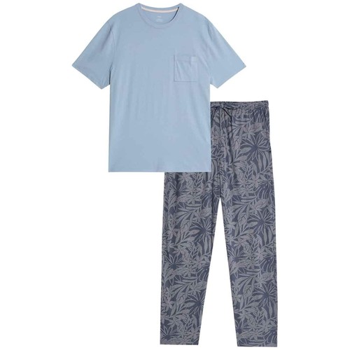 M&S Mens Pure Cotton Palm Print Pyjama Set, XL, Light Blue