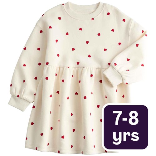 M&S Girls Ditsy Heart Dress, 7-8 Years, Ecru Mix