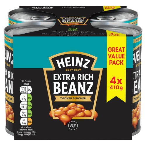 Heinz Extra Rich Beans 410g 4pk 