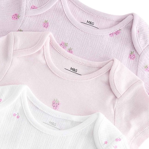 M&S Girls Pure Cotton Printed Bodysuits, 9-12 M, Magenta