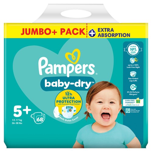 Pampers Baby-Dry Nappies, Size 5+ (12-17kg) Jumbo+ Pack