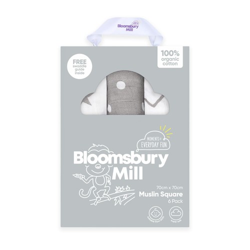 Bloomsbury Mill Organic Muslin Squares, Grey/White, 6 pack