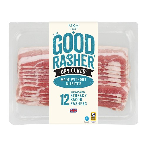 M&S Good Rasher 12 Dry Cured Unsmoked Streaky Bacon Rashers