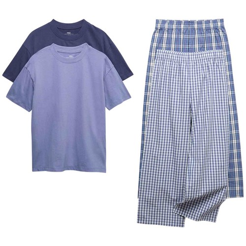 M&S Boys Pure Cotton Checked Pyjama Sets, 9-10 Years, Blue