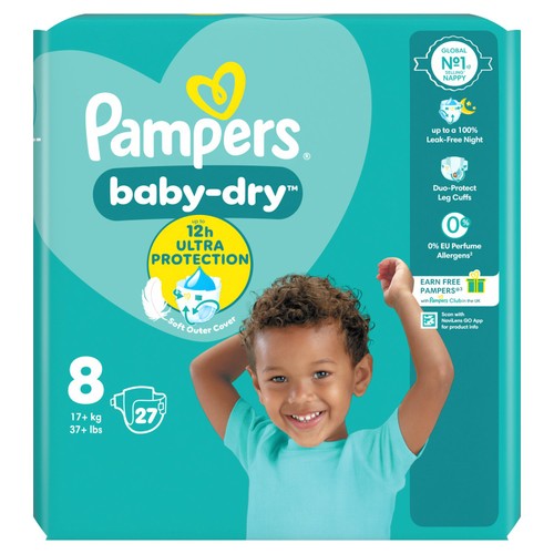 Pampers Baby-Dry Nappies, Size 8 (17kg+) Essential Pack