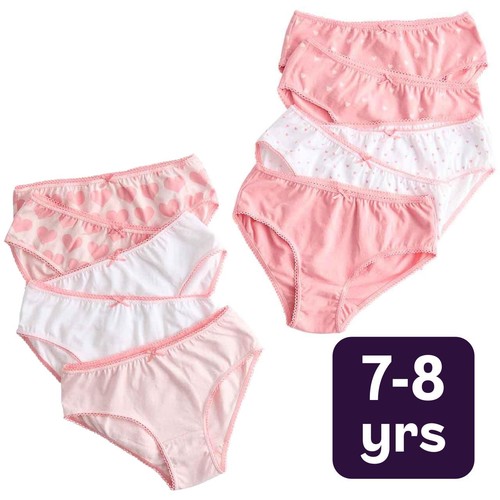 M&S Girls Cotton with Stretch Heart Knickers, 7-8 Years, Pink Mix