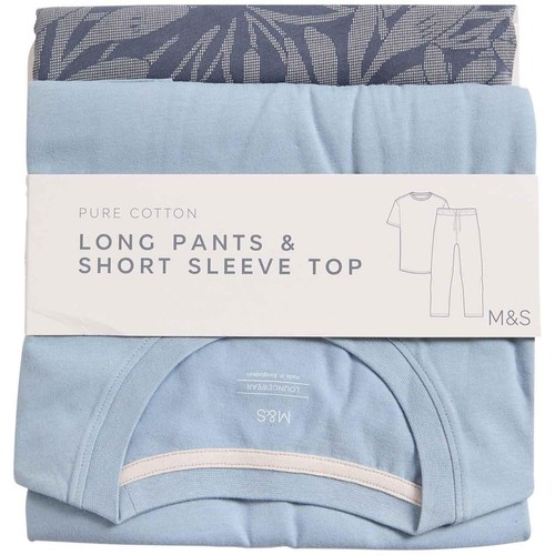 M&S Mens Pure Cotton Palm Print Pyjama Set, S, Light Blue