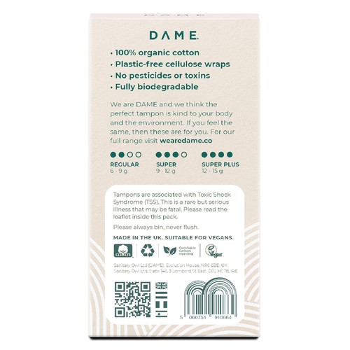 DAME Organic Cotton Tampons Regular 
