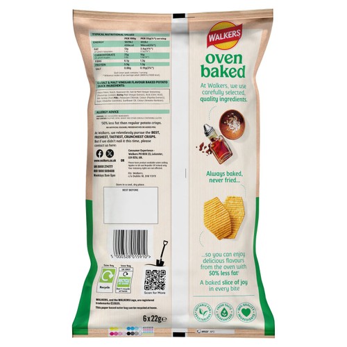 Walkers Baked Salt & Vinegar Multipack Snacks Crisps 6 x 22g