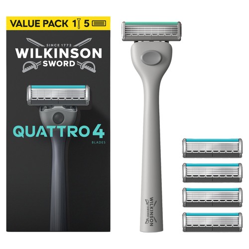 Wilkinson Sword Quattro for Men, Mens Razor Handle with 5 Blade Refills