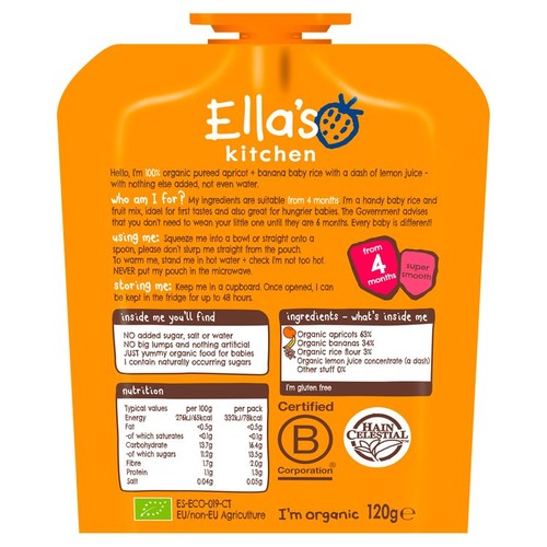 Ella's Kitchen Apricot and Banana Baby Rice Baby Food Pouch 4+ Months