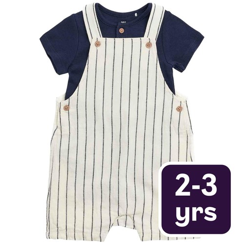 M&S Smart Thin Stripe Linen Bib Short, 2-3 Years, Blue