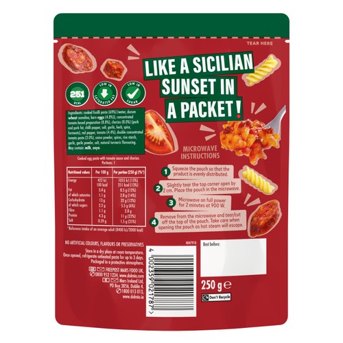 Dolmio Feasts Spicy Chorizo Fusilli Microwave Pasta Meal