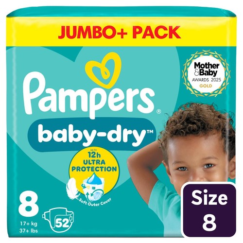 Pampers Baby-Dry Nappies, Size 8 (17kg+) Jumbo+ Pack